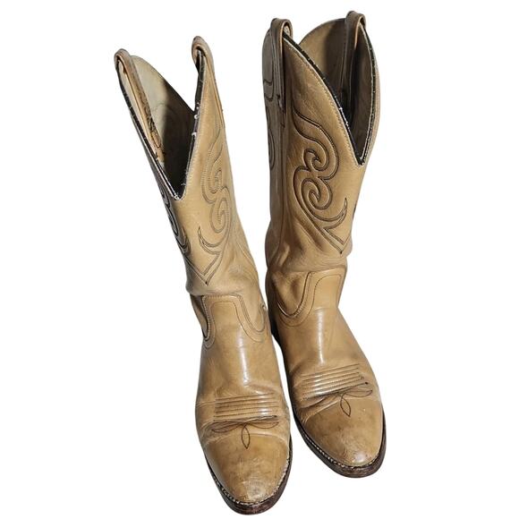 Mens Vintage Dingo Tan Leather Cowboy Boots Wood Heel Sz 9.5 D Western Rugged main image 6